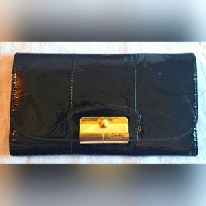 Coach Kristin Black Patent Leather Trifold Double Flap Checkbook Wallet w/ Pouch